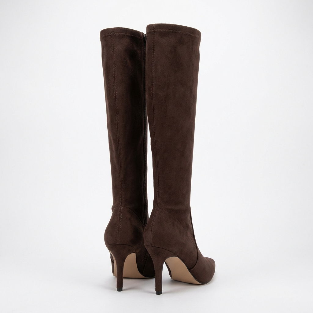 Botte haute marron foncé Daim Synthétique Femme - Talon aiguille et bout pointu élégant 2