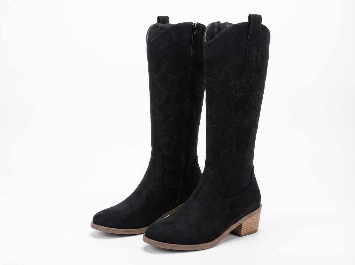 Santiag haute noir Simili Cuir Femme - Élégantes avec coutures décoratives western