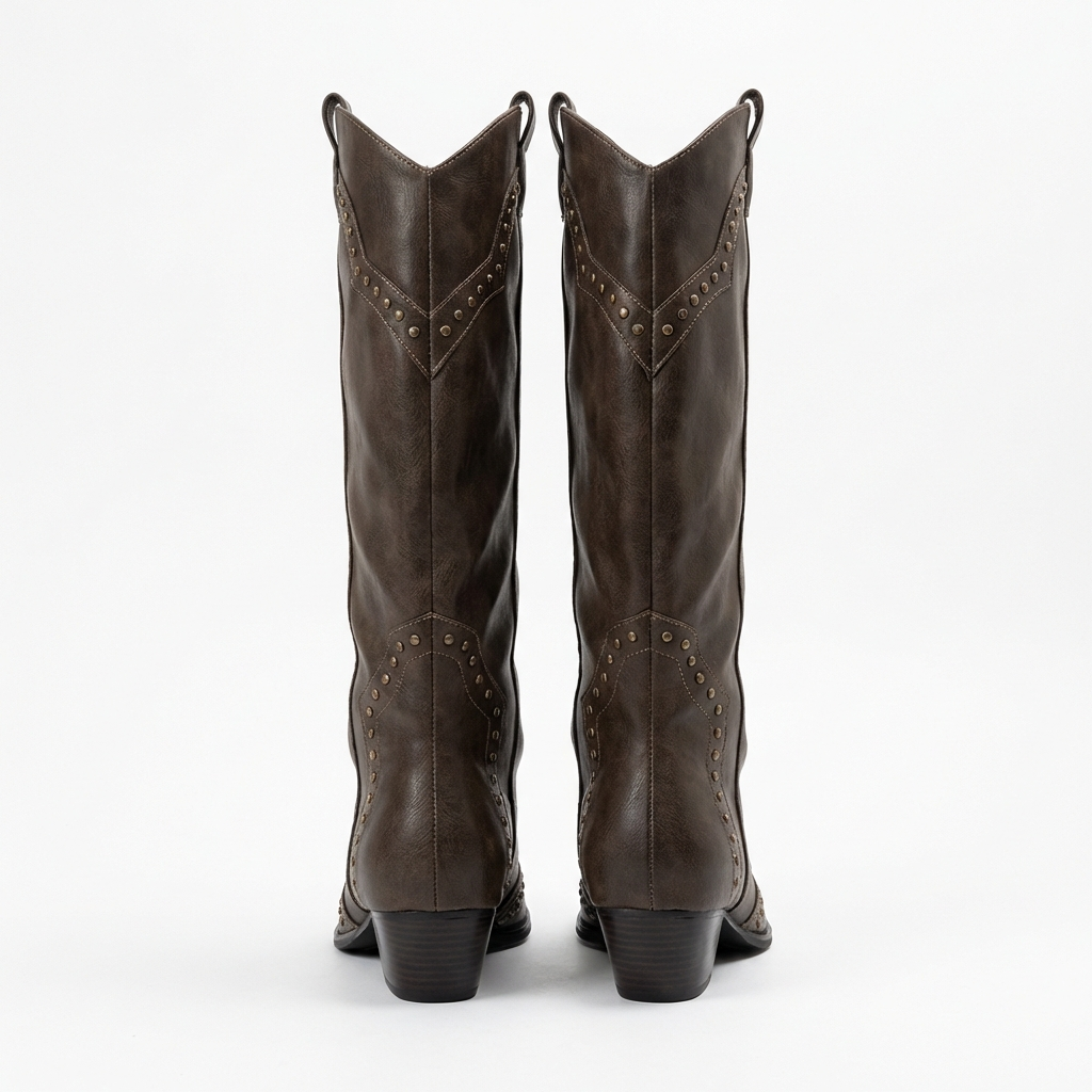 Santiag haute marron foncé Simili Cuir Femme - Clous métalliques géométriques élégants 4