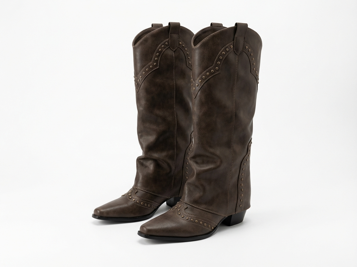 Santiag haute marron foncé Simili Cuir Femme - Clous métalliques géométriques élégants