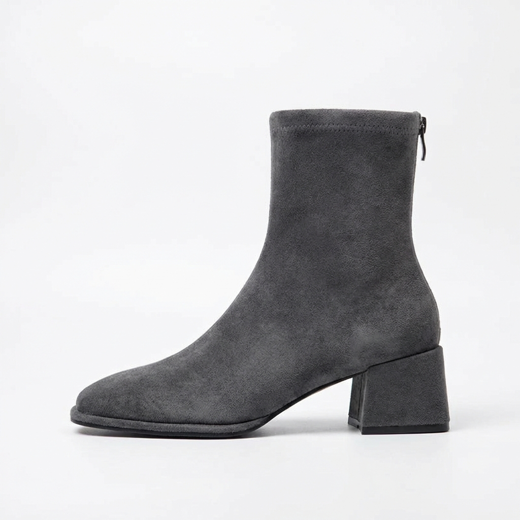 Bottine à talon gris Daim Synthétique Femme - Bout carré élégant, stabilité moderne 2