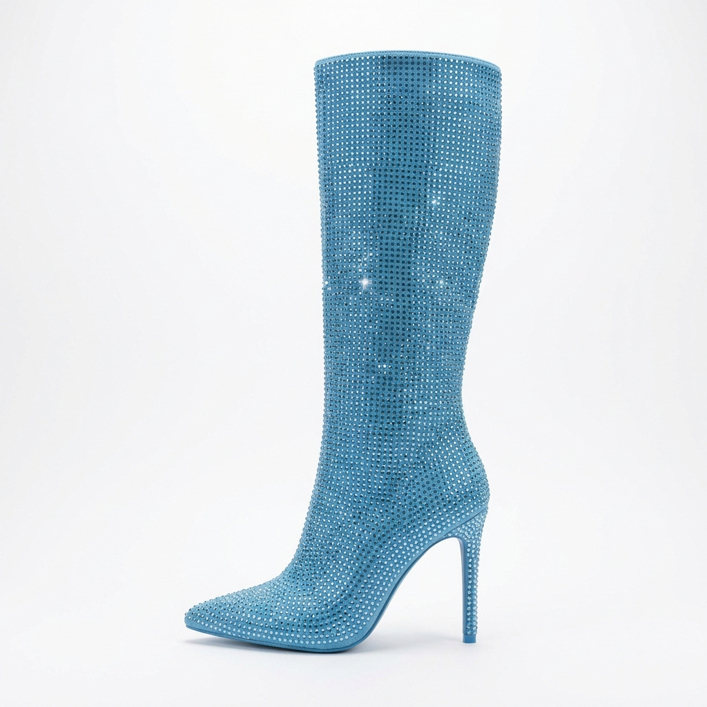 Botte haute bleu Daim Synthétique Femme - Santiags bleues pailletées au bout pointu