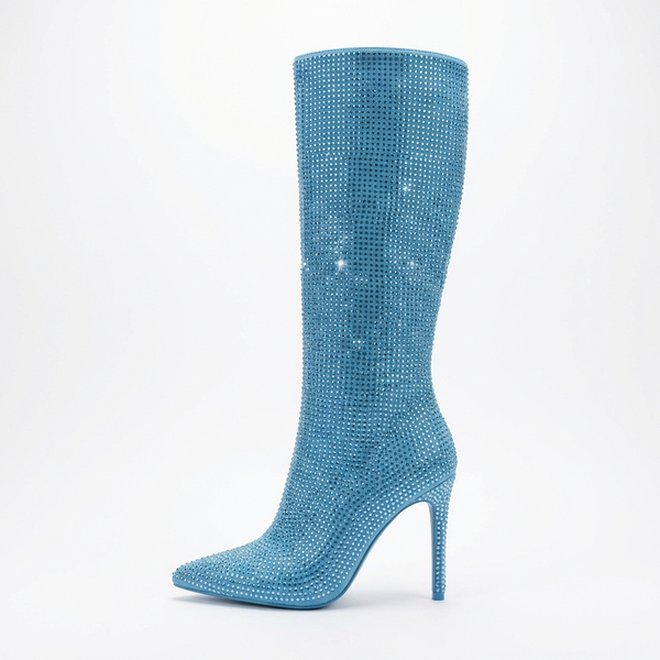 Botte haute bleu Daim Synthétique Femme - Santiags bleues pailletées au bout pointu - side_view