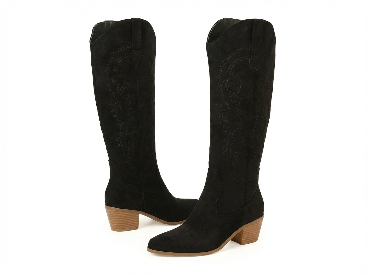 Santiag mi-haute noir Daim Synthétique Femme - Broderies western et talon compensé élégant