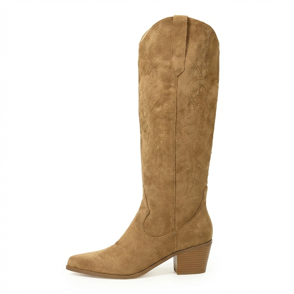 Santiag mi-haute camel Daim Synthétique Femme - Broderies florales élégantes et bout pointu 2