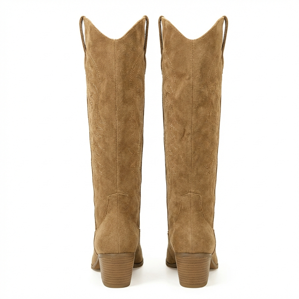 Santiag mi-haute camel Daim Synthétique Femme - Broderies florales élégantes et bout pointu 3