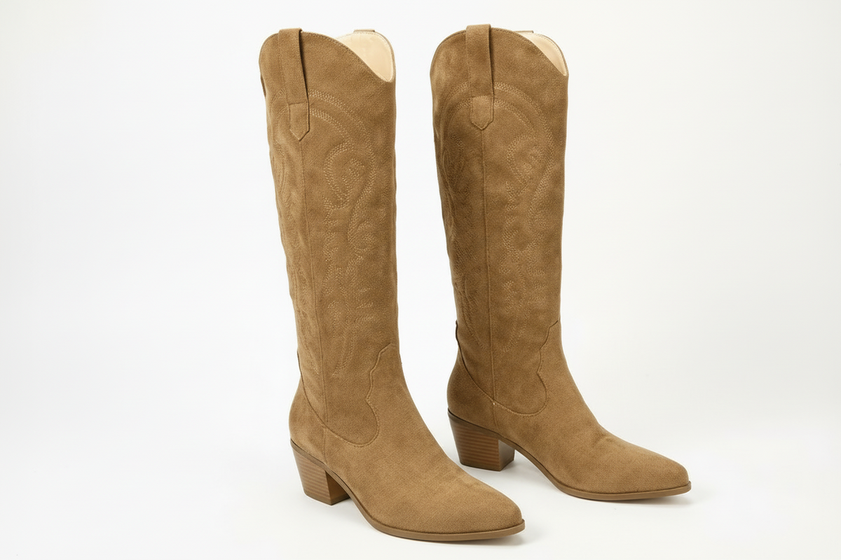 Santiag mi-haute camel Daim Synthétique Femme - Broderies florales élégantes et bout pointu