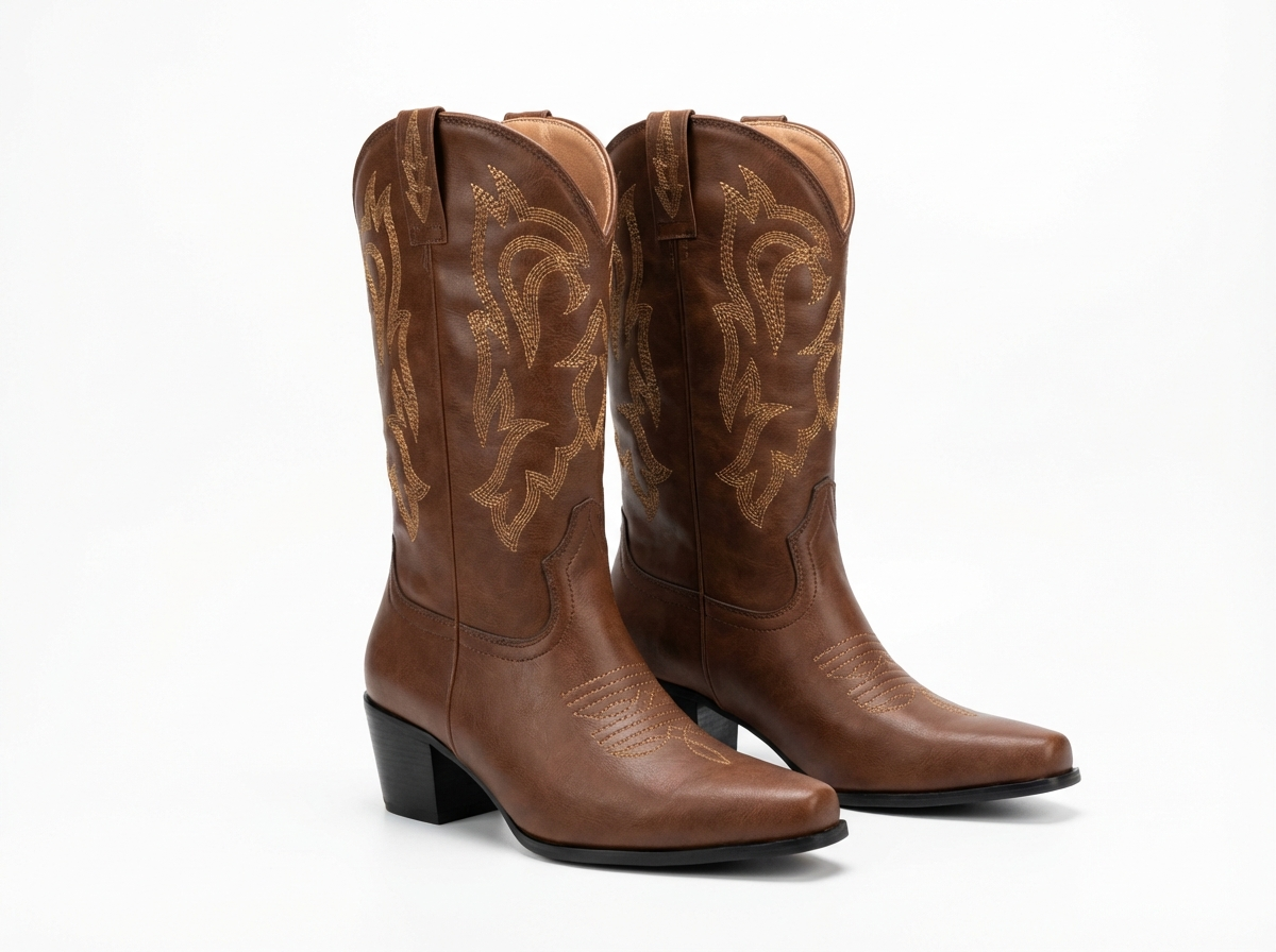 Santiag basse marron Simili Cuir Femme - Broderies western et talon carré élégant