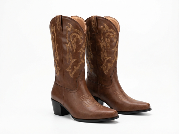 Santiag basse marron Simili Cuir Femme - Broderies western et talon carré élégant - three_quarter_view