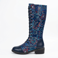 Botte haute bleu Simili Cuir Femme - Bottes bleues avec broderies florales artistiques 3
