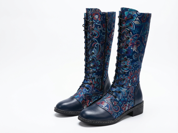 Botte haute bleu Simili Cuir Femme - Bottes bleues avec broderies florales artistiques - three_quarter_view