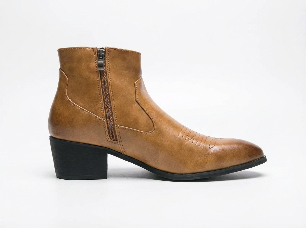 Santiag basse marron clair Synthétique Homme - Bout effilé et coutures décoratives élégantes 3