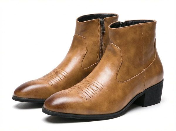 Santiag basse marron clair Synthétique Homme - Bout effilé et coutures décoratives élégantes