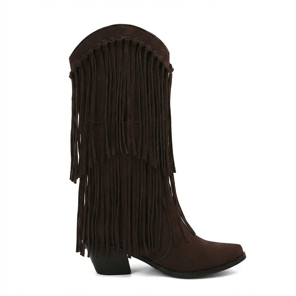 Santiag haute marron foncé Daim Femme - Franges longues style western unique 4