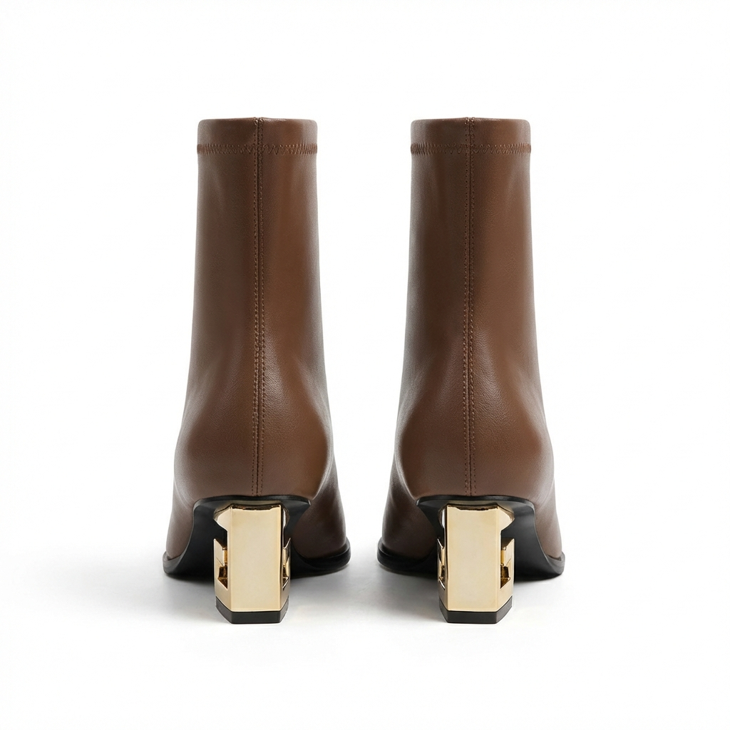 Bottine à talon marron Simili Cuir Femme - Santiags marron pointues avec talon géométrique 3