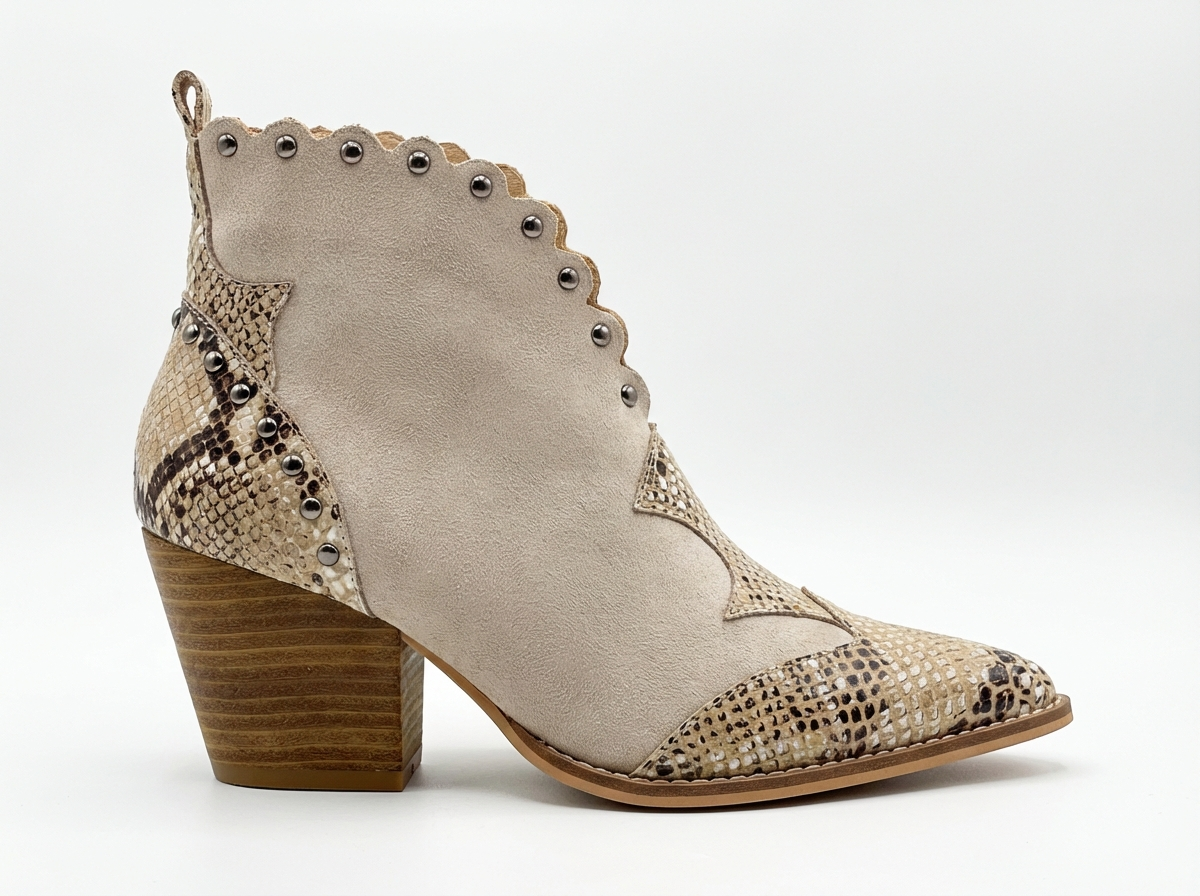 Santiag mi-haute beige Simili Cuir Femme - Motif python avec clous sophistiqués 2