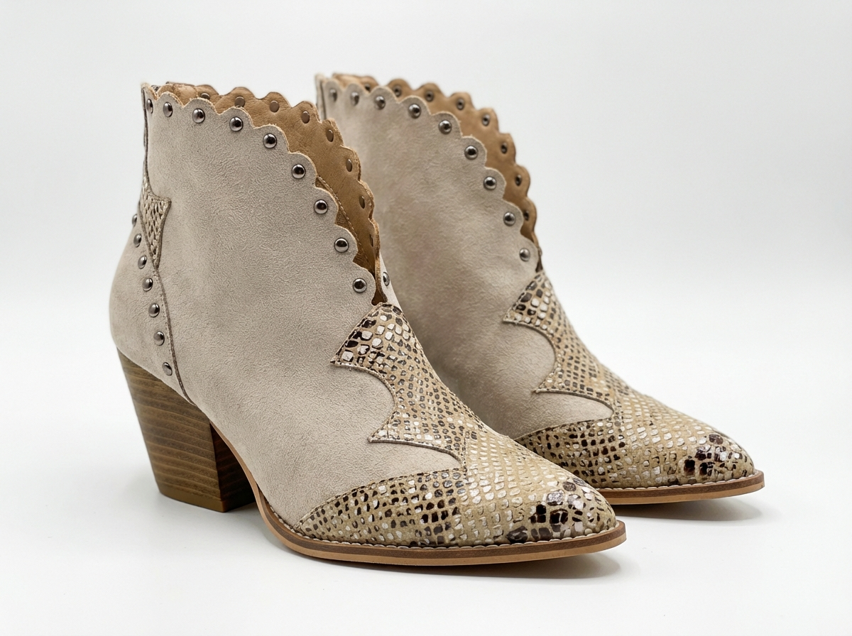 Santiag mi-haute beige Simili Cuir Femme - Motif python avec clous sophistiqués