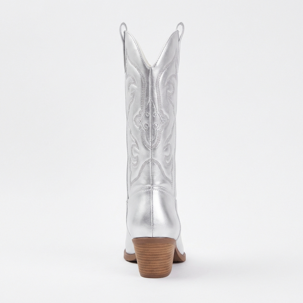 Santiag mi-haute argenté Simili Cuir Femme - Motifs western élégants et talon biseauté 3