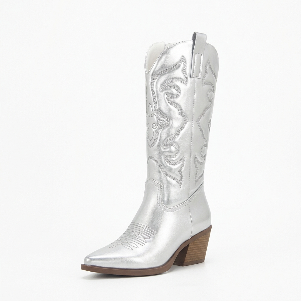Santiag mi-haute argenté Simili Cuir Femme - Motifs western élégants et talon biseauté