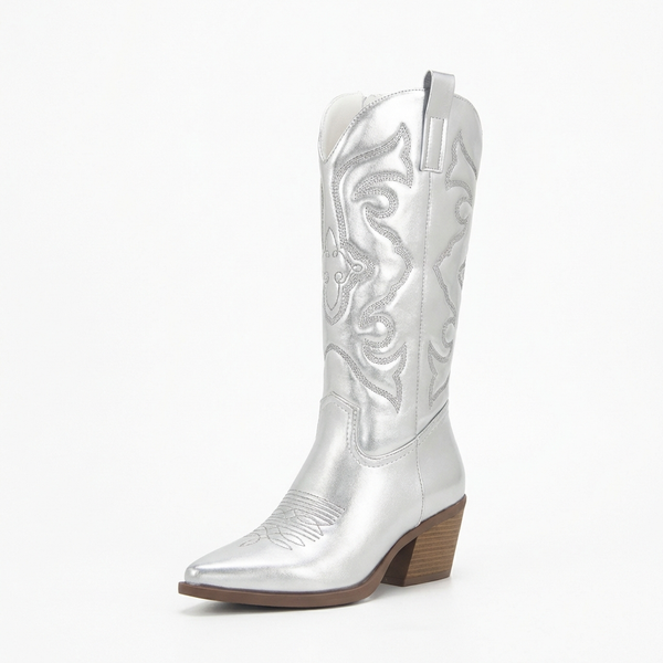 Santiag mi-haute argenté Simili Cuir Femme - Motifs western élégants et talon biseauté - three_quarter_view