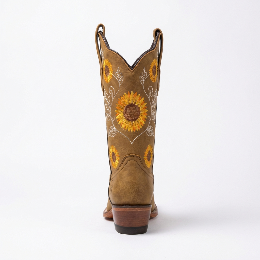Santiag haute camel Simili Cuir Femme - Broderies tournesols pour style artistique 3