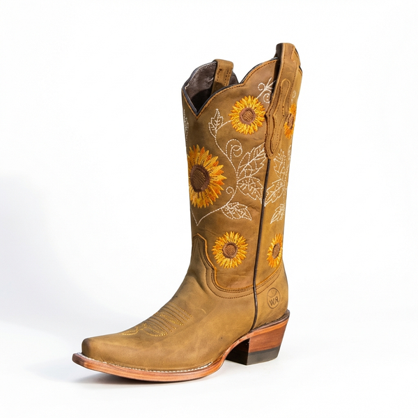 Santiag haute camel Simili Cuir Femme - Broderies tournesols pour style artistique - three_quarter_view