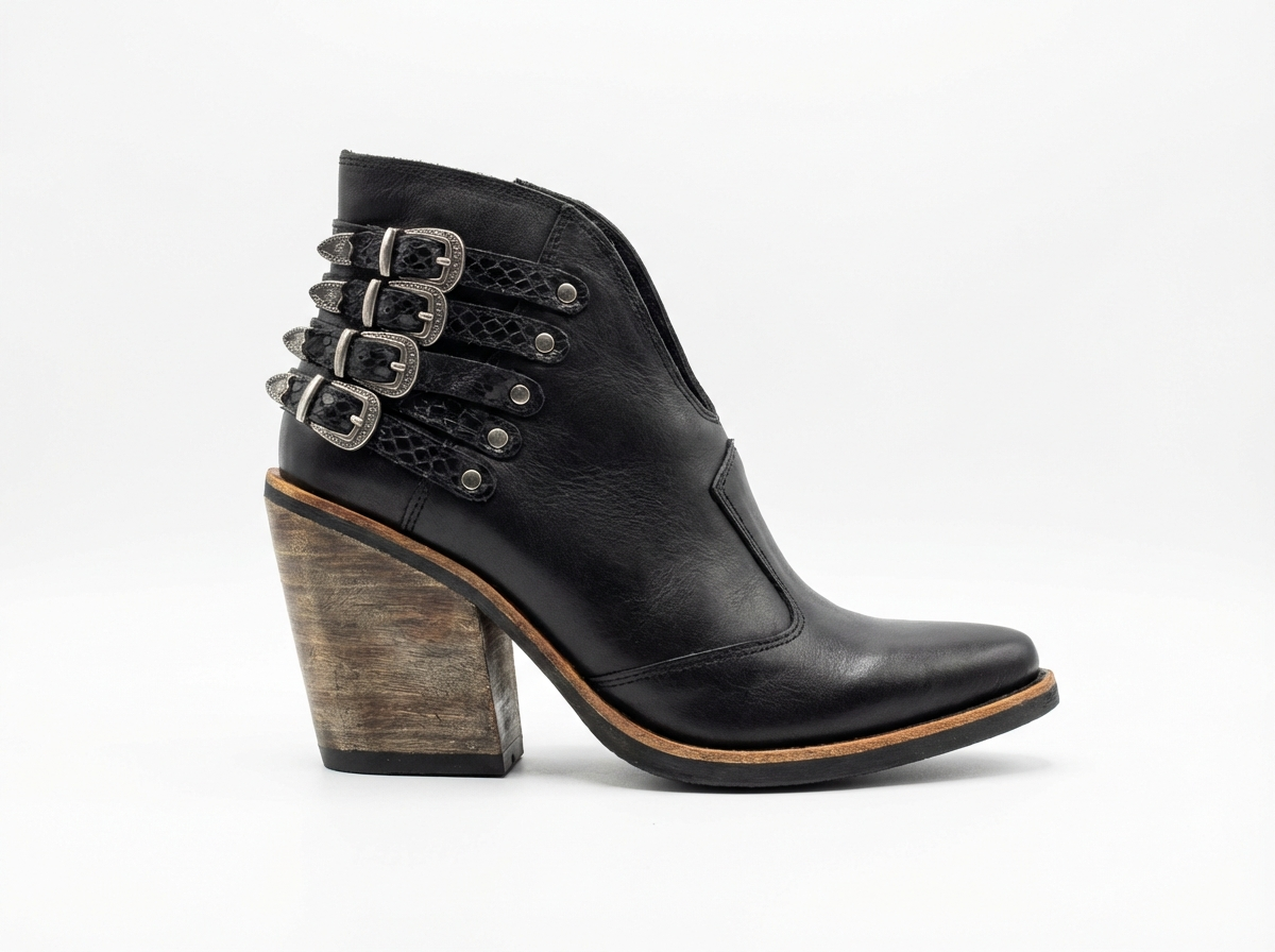 Santiag mi-haute noir Cuir Femme - Motif python et boucles argentées 2