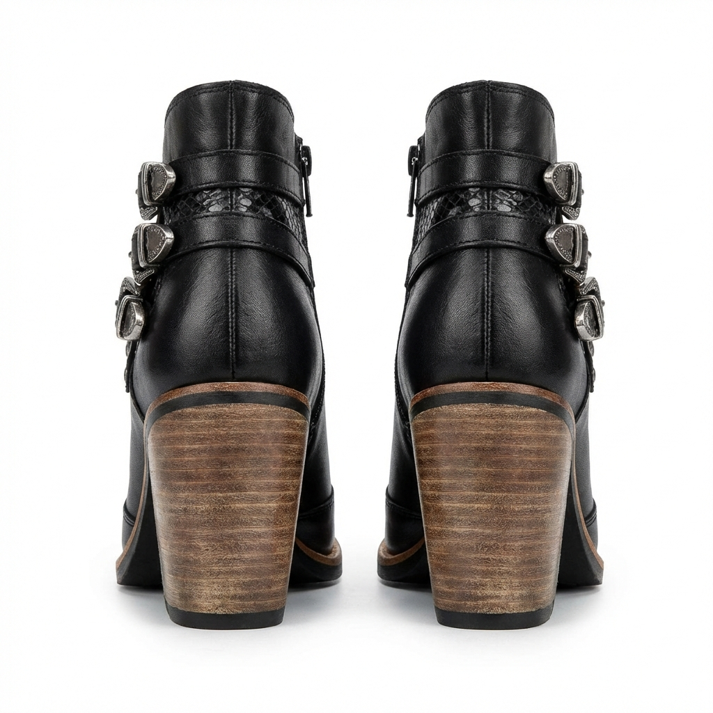 Santiag mi-haute noir Cuir Femme - Motif python et boucles argentées 3