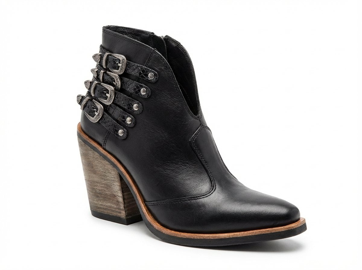 Santiag mi-haute noir Cuir Femme - Motif python et boucles argentées