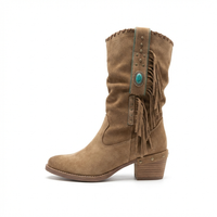 Santiag mi-haute marron clair Daim Synthétique Femme - Franges, clous et pierre décorative unique 1