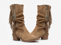 Santiag mi-haute marron clair Daim Synthétique Femme - Franges, clous et pierre décorative unique 2