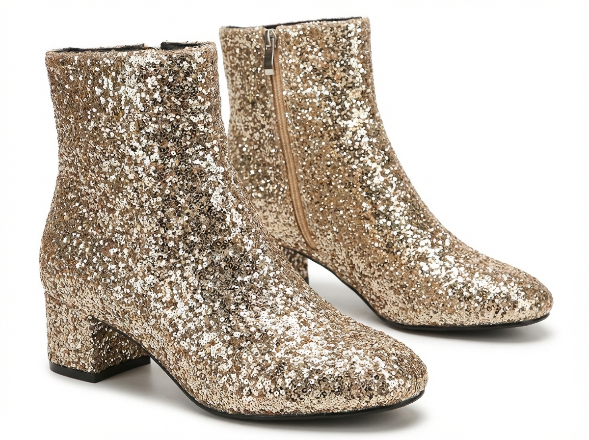 Bottine à talon doré à paillettes Synthétique Femme - Santiags dorées glamour à paillettes