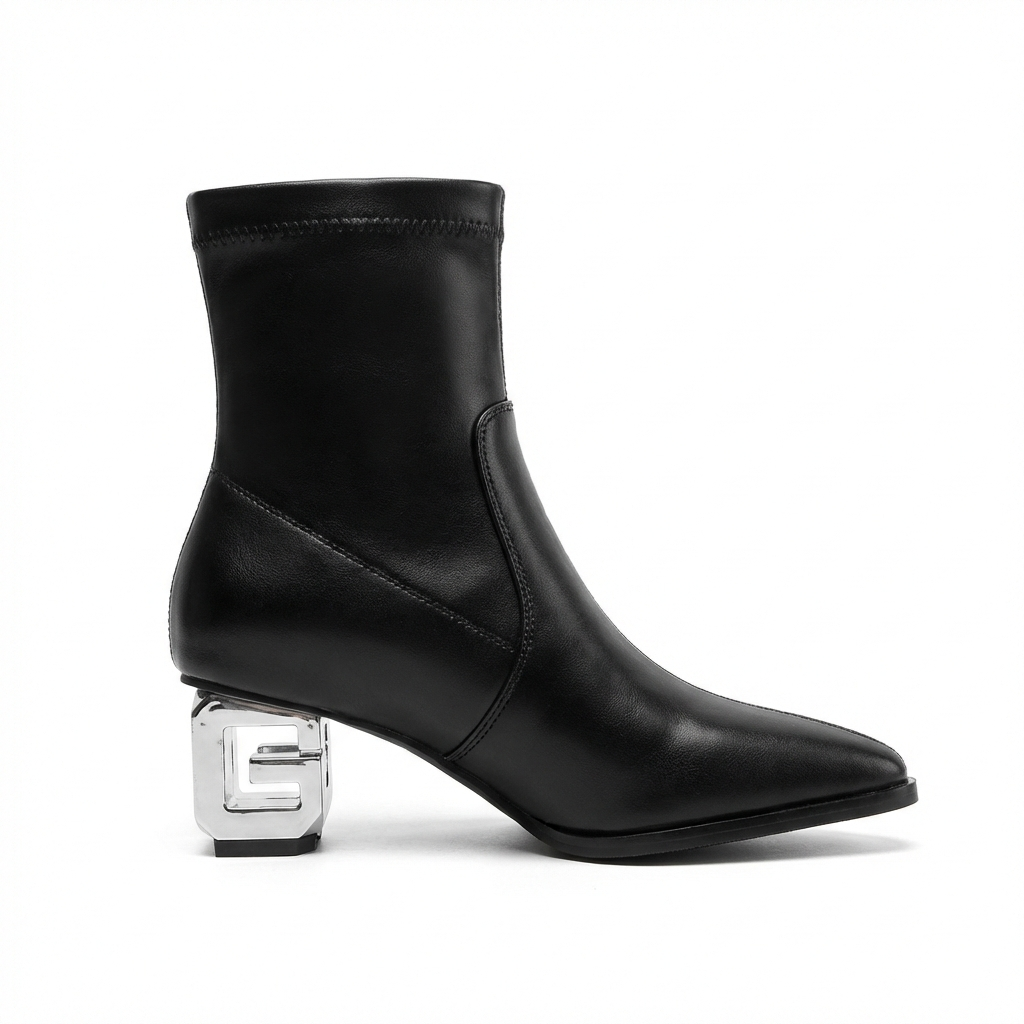 Bottine à talon noir Simili Cuir Femme - Talon géométrique métallique moderne et chic 2