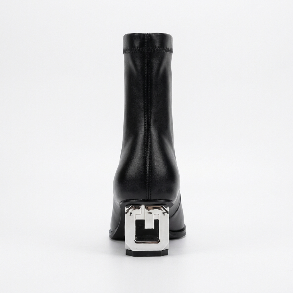 Bottine à talon noir Simili Cuir Femme - Talon géométrique métallique moderne et chic 6