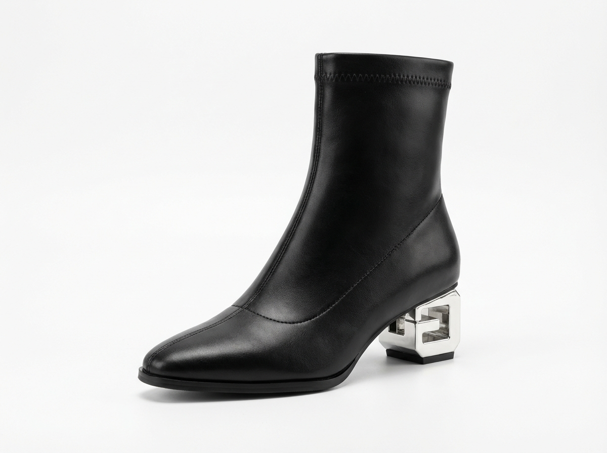 Bottine à talon noir Simili Cuir Femme - Talon géométrique métallique moderne et chic