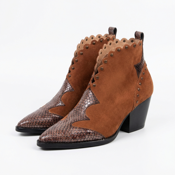 Santiag mi-haute marron Synthétique Femme - Bout pointu et motif python chic