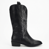 Santiag mi-haute noir Simili Cuir Femme - Broderies plume avec coutures blanches contrastées 2