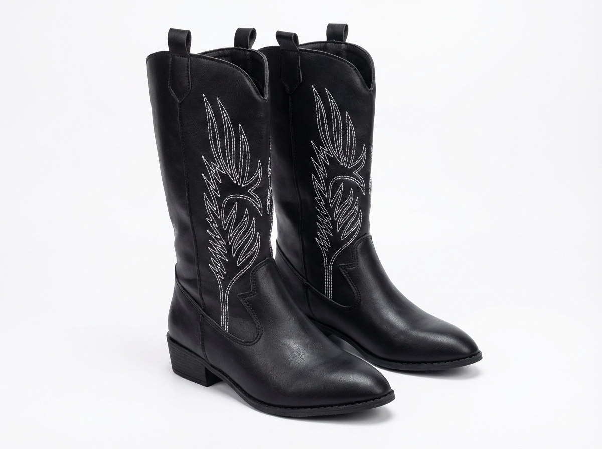 Santiag mi-haute noir Simili Cuir Femme - Broderies plume avec coutures blanches contrastées