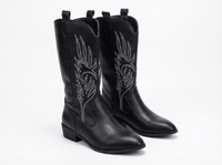 Santiag mi-haute noir Simili Cuir Femme - Broderies plume avec coutures blanches contrastées 1