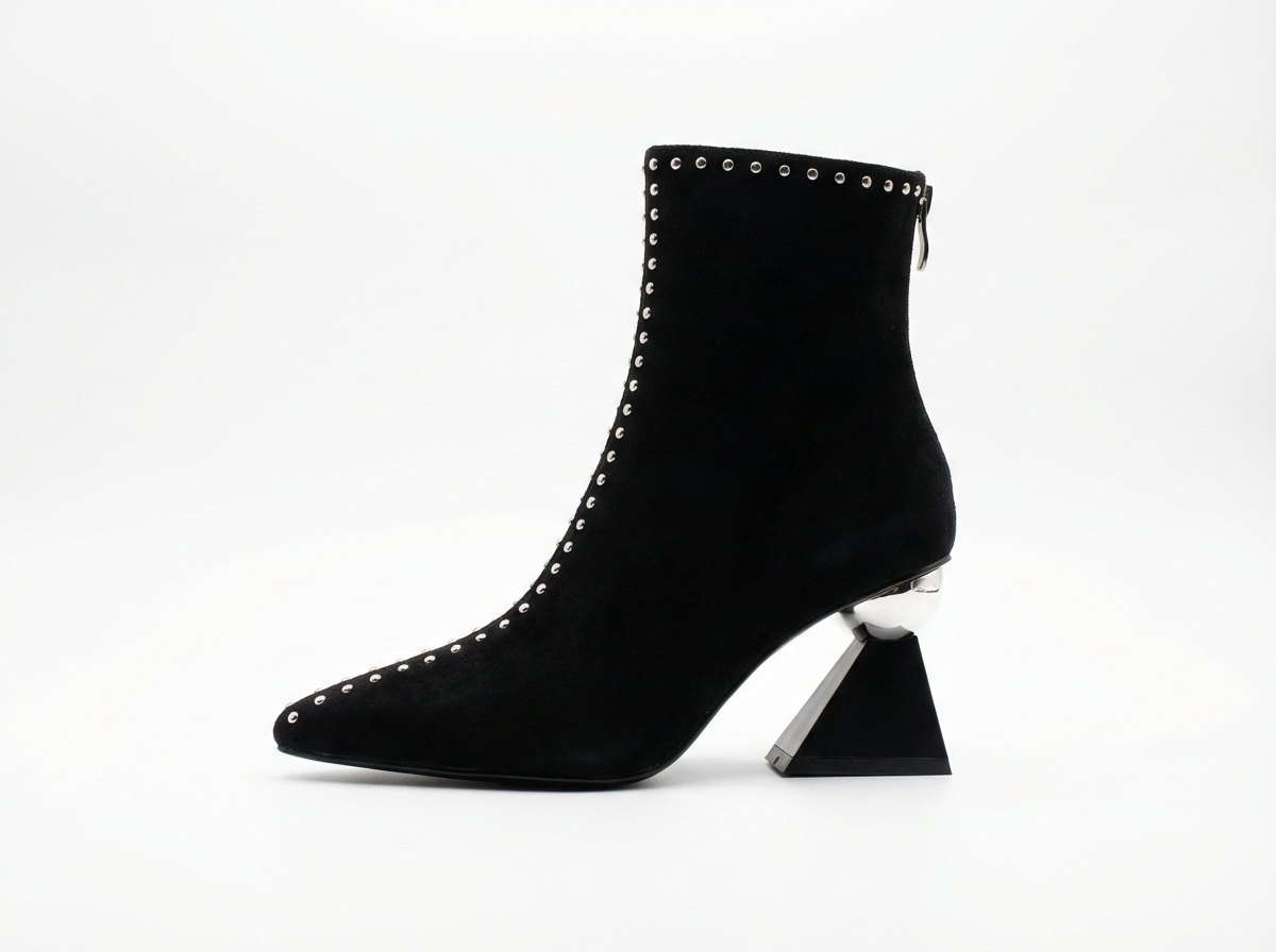 Bottine à talon noir Daim Synthétique Femme - Bottines noires pointues cloutées audacieuses 2