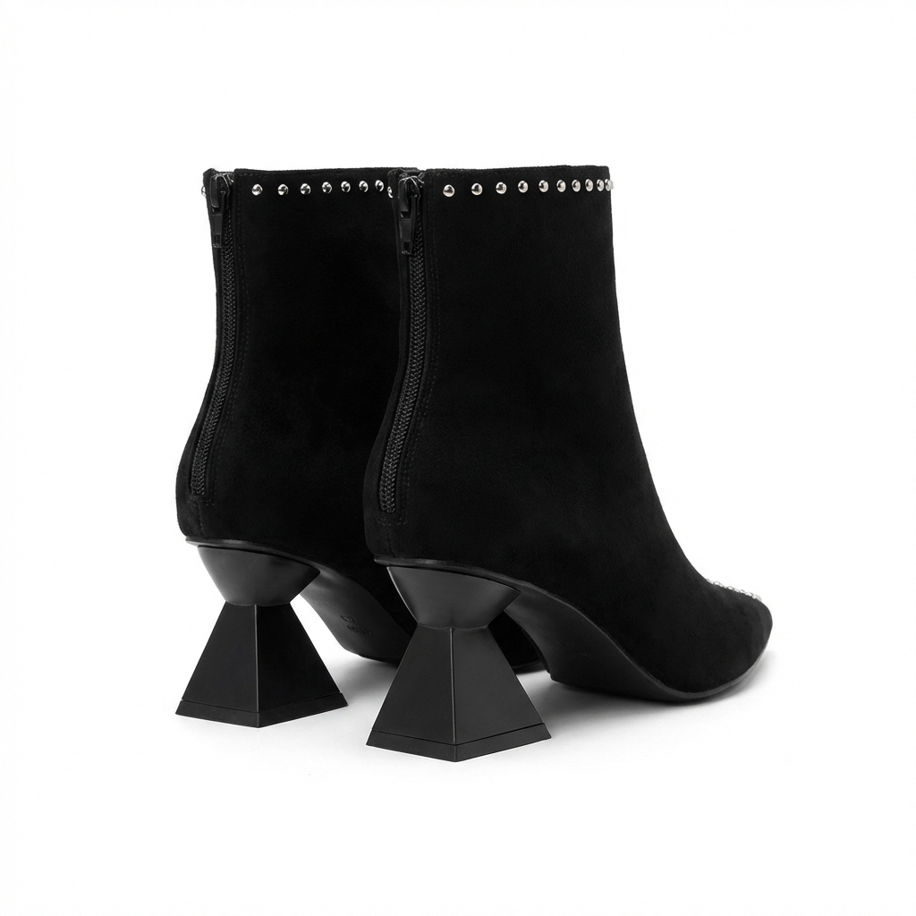Bottine à talon noir Daim Synthétique Femme - Bottines noires pointues cloutées audacieuses 3
