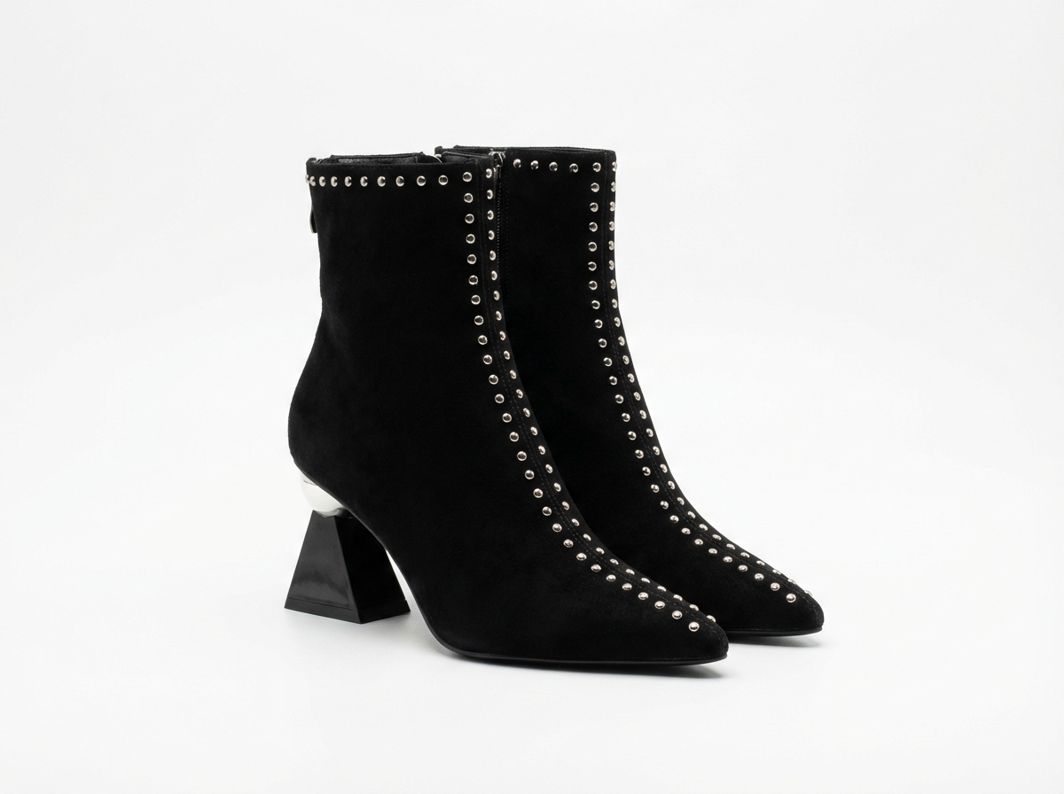 Bottine à talon noir Daim Synthétique Femme - Bottines noires pointues cloutées audacieuses