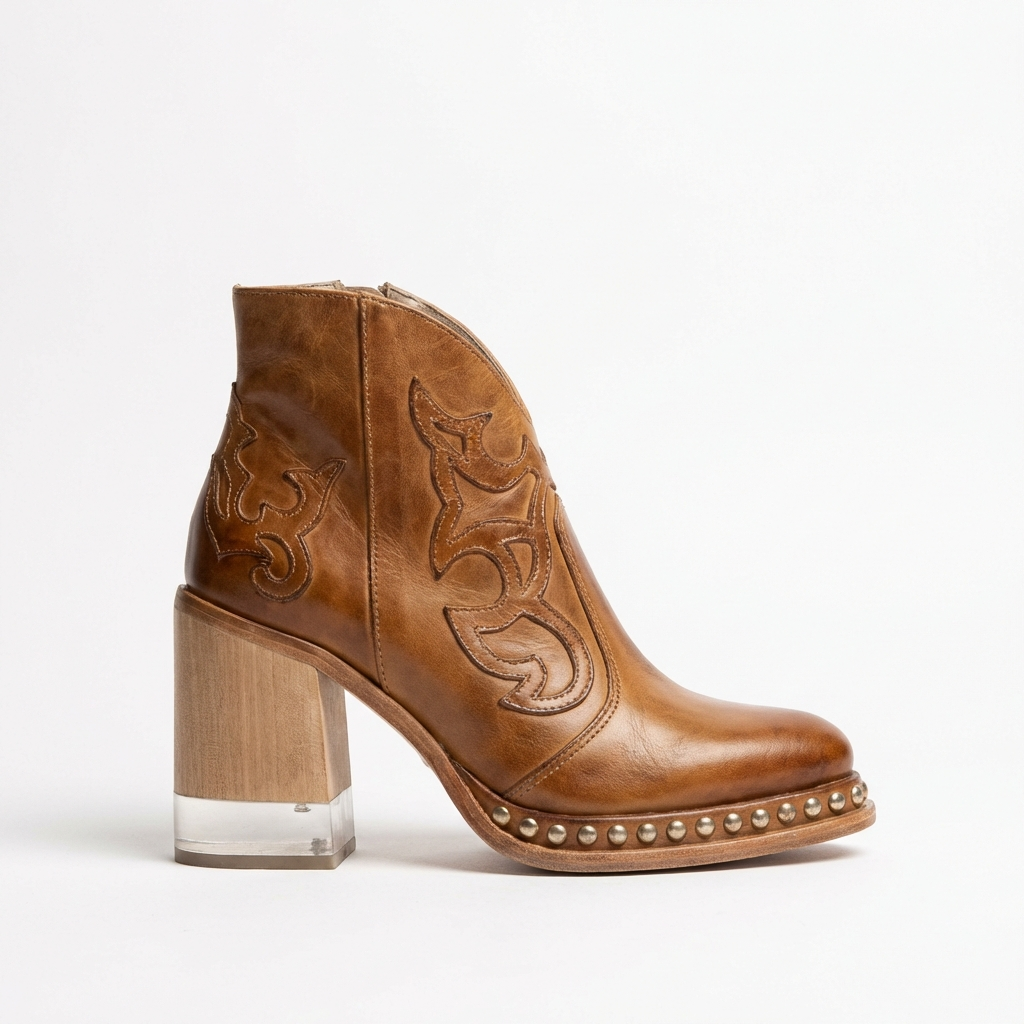 Santiag mi-haute camel Simili Cuir Femme - Broderies western et clous métalliques élégants 2