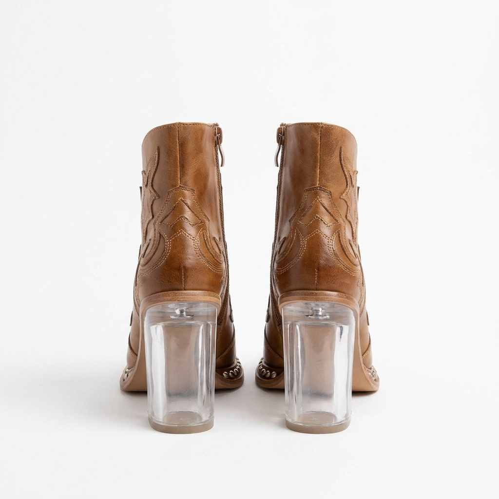 Santiag mi-haute camel Simili Cuir Femme - Broderies western et clous métalliques élégants 4