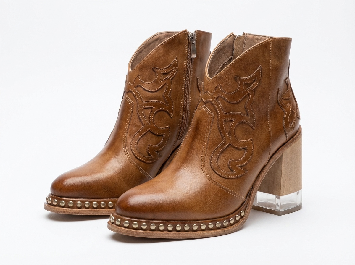 Santiag mi-haute camel Simili Cuir Femme - Broderies western et clous métalliques élégants