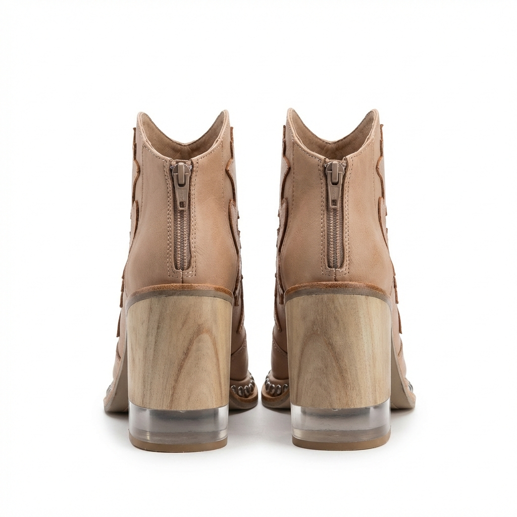 Santiag basse beige Simili Cuir Femme - Broderies florales et clous métalliques 4