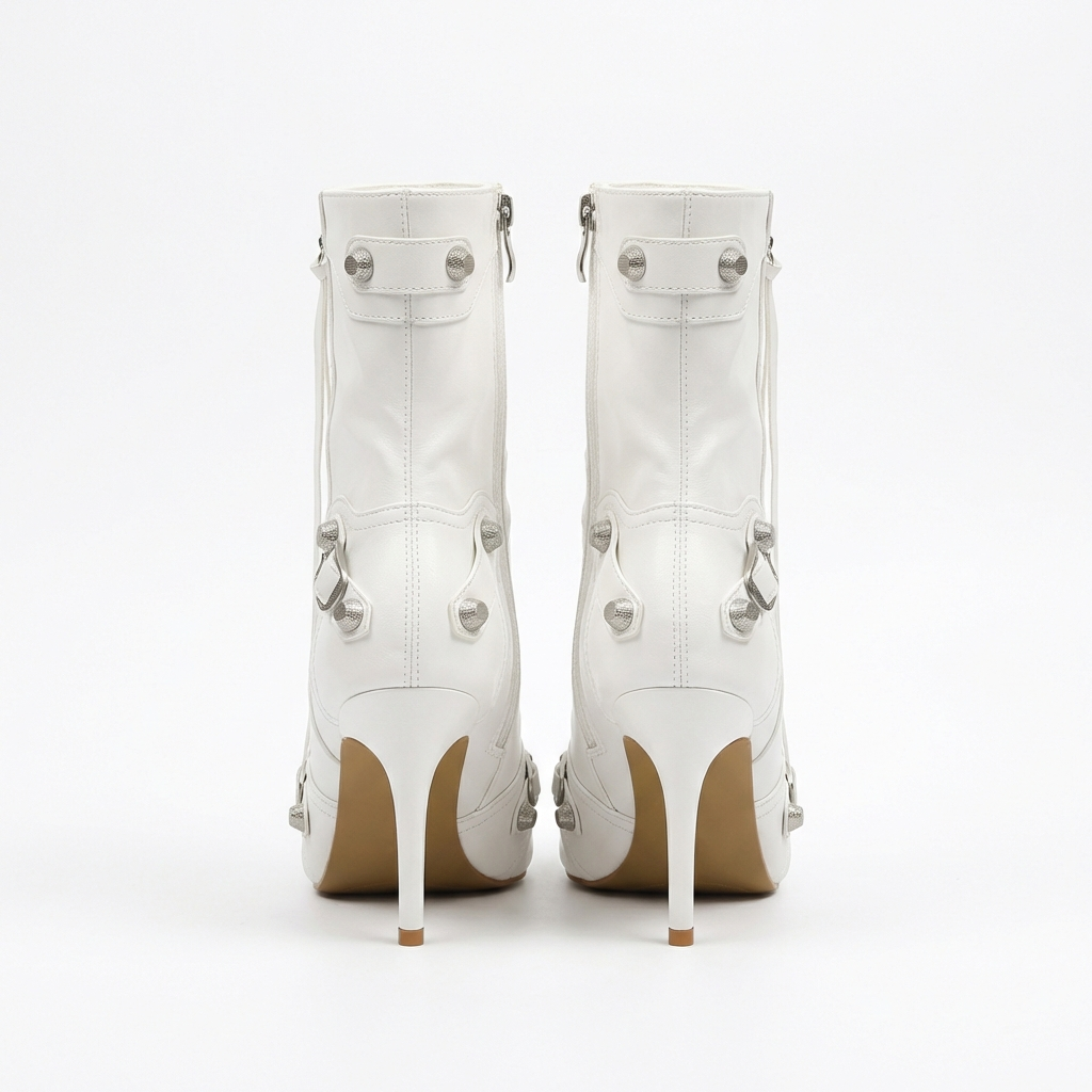 Botte haute blanc Simili Cuir Femme - Santiags blanches avec boucles métalliques élégantes 4