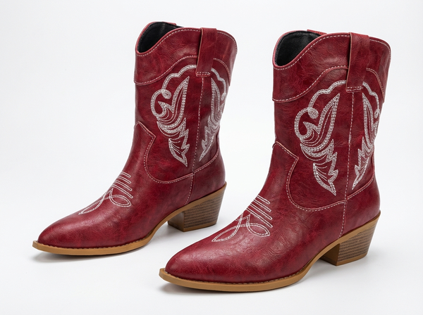 Santiag mi-haute rouge Simili Cuir Femme - Élégantes avec broderies traditionnelles rouges