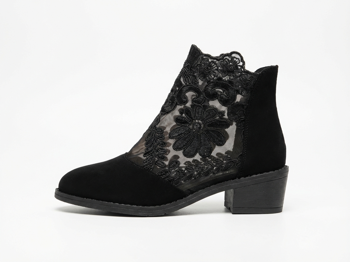 Bottine à talon noir Synthétique Femme - Bottine noire broderies florales élégantes 2