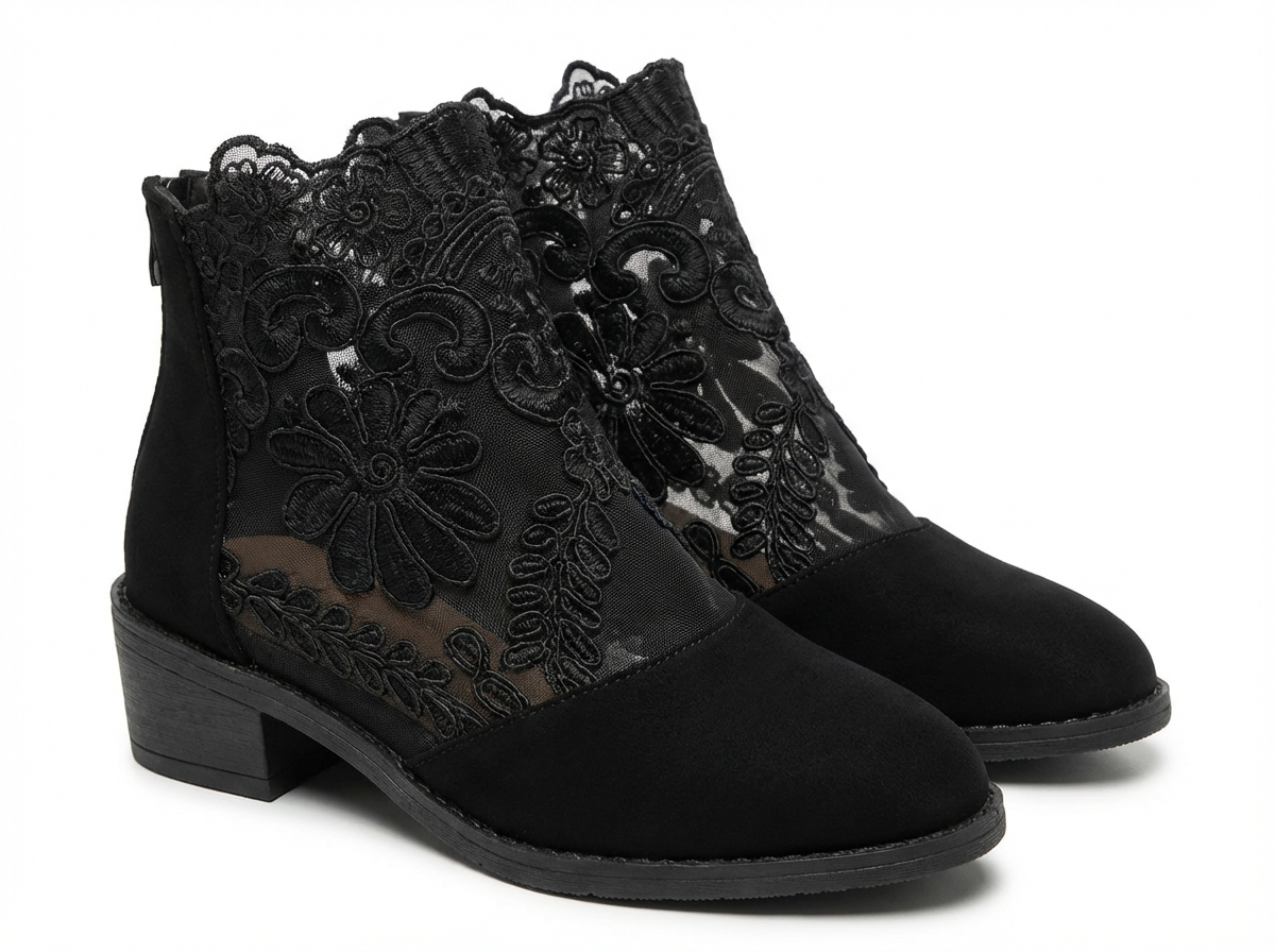 Bottine à talon noir Synthétique Femme - Bottine noire broderies florales élégantes